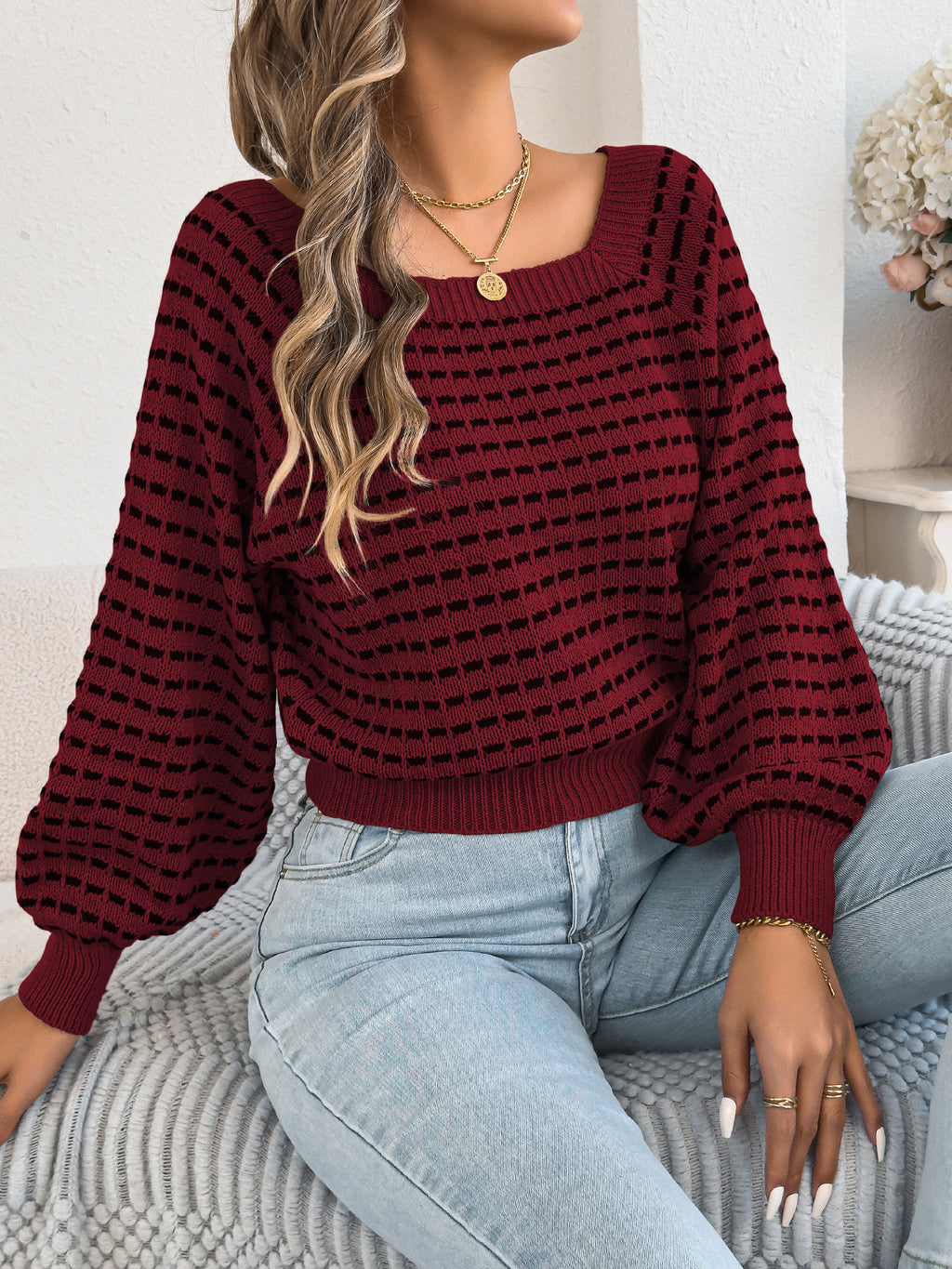 Cropped Square Neck Knit Top With Balloon Sleeves - WineRed - 1