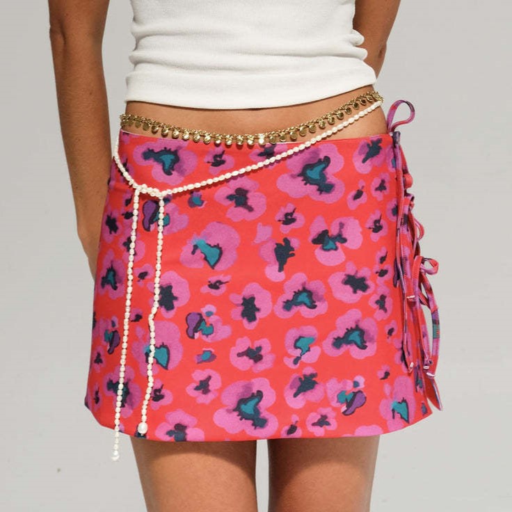 Lace Up Side Print Mini Beach Skirt - Coral