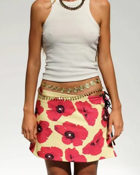 Lace Up Side Print Mini Beach Skirt - Pink