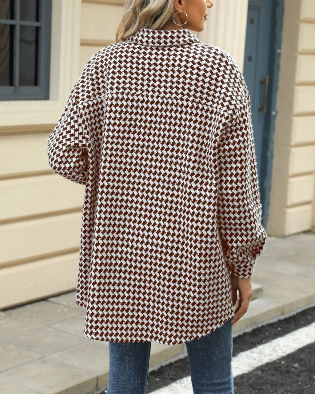 Houndstooth Longline Shirt Coat - Coffee - 1