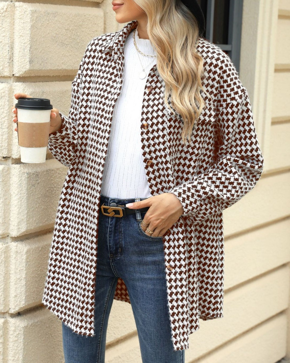Houndstooth Longline Shirt Coat - Coffee - 2