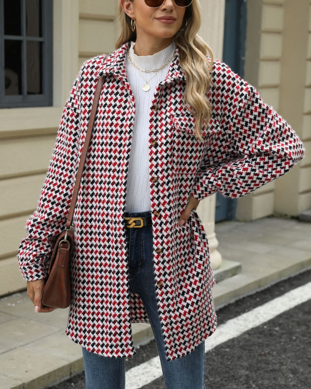Houndstooth Longline Shirt Coat - Red
