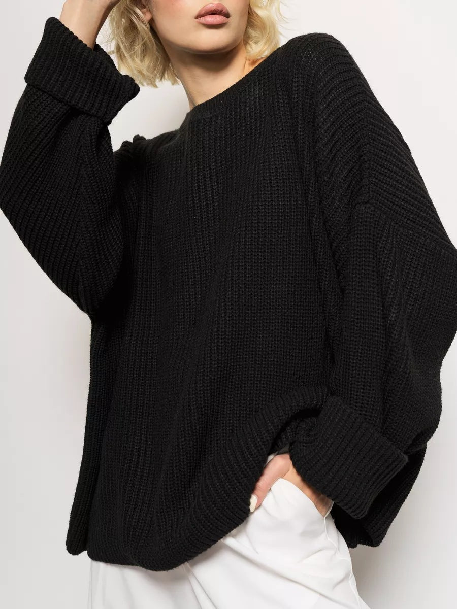 Chunky Rib Knit Oversized Crewneck Sweater - Black