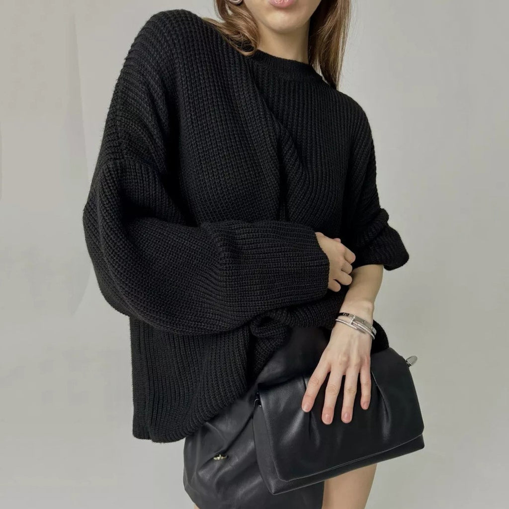 Chunky Rib Knit Oversized Crewneck Sweater - Black - 1