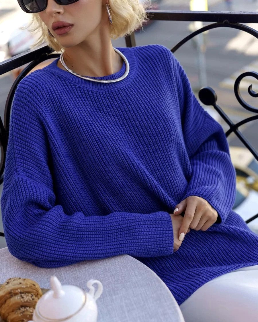 Chunky Rib Knit Oversized Crewneck Sweater - Blue