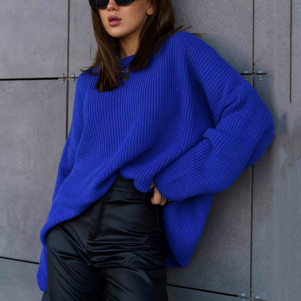 Chunky Rib Knit Oversized Crewneck Sweater - Blue - 1
