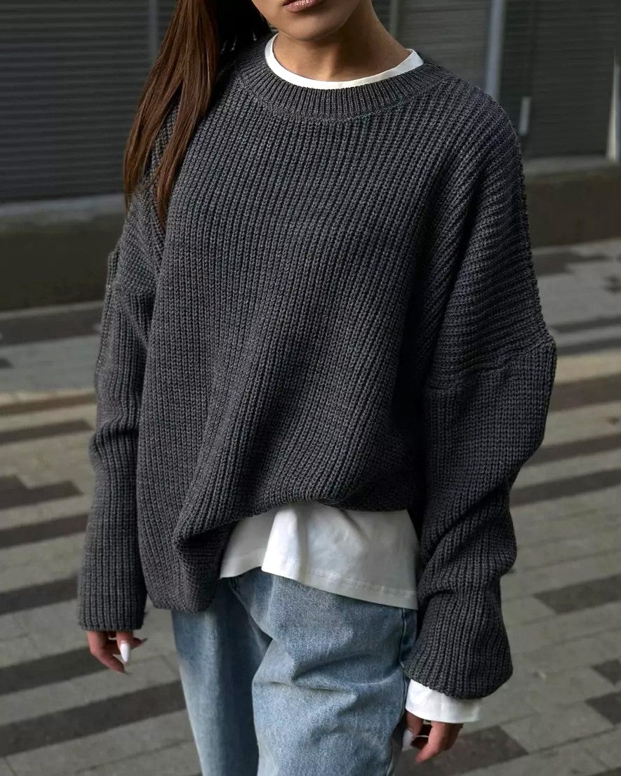 Chunky Rib Knit Oversized Crewneck Sweater - DarkGray