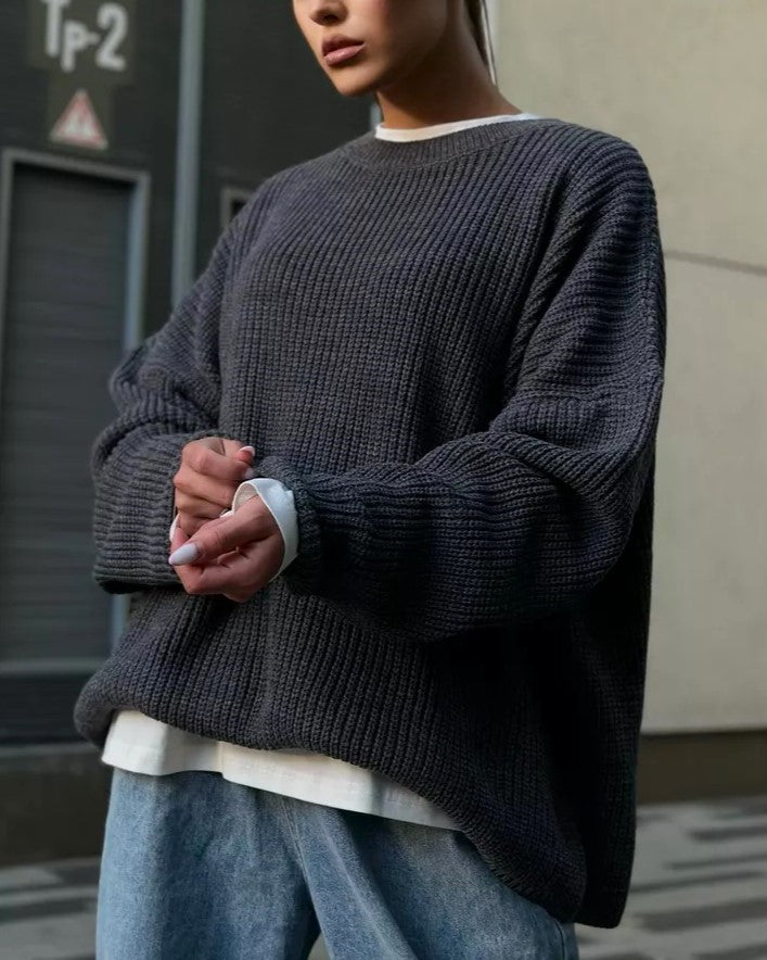 Chunky Rib Knit Oversized Crewneck Sweater - DarkGray - 1