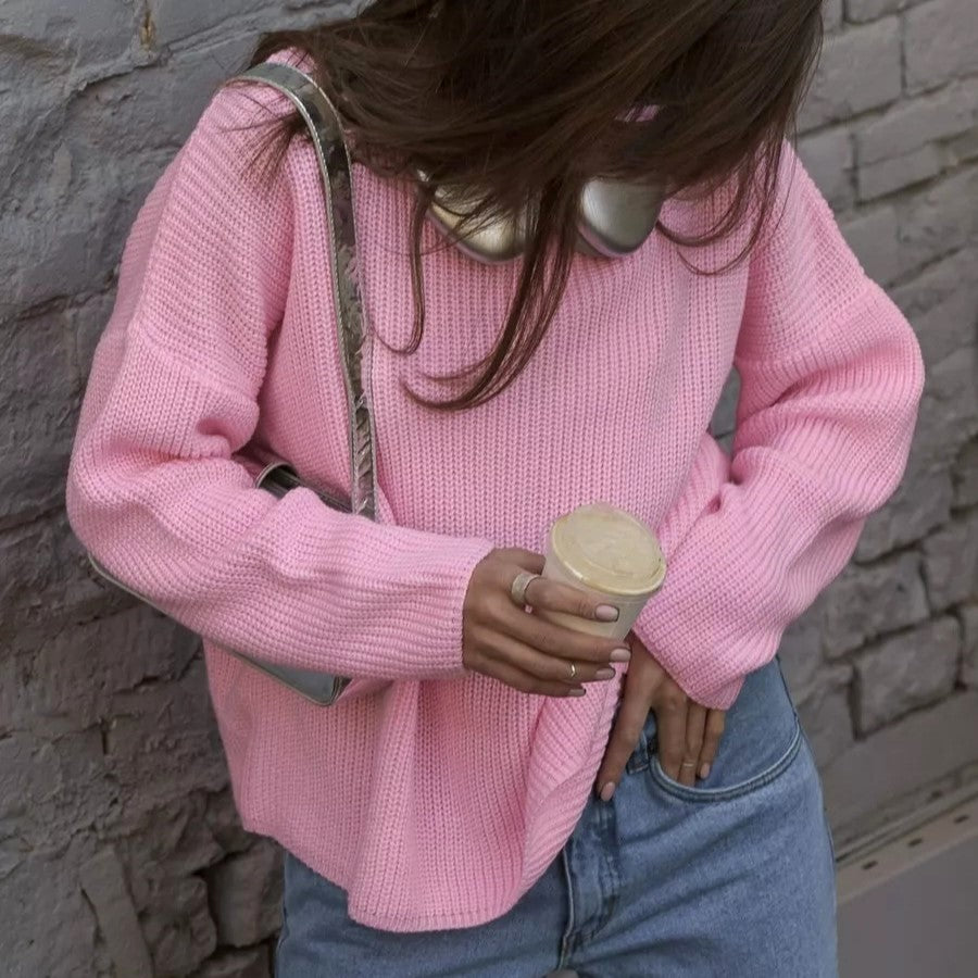 Chunky Rib Knit Oversized Crewneck Sweater - Pink - 1