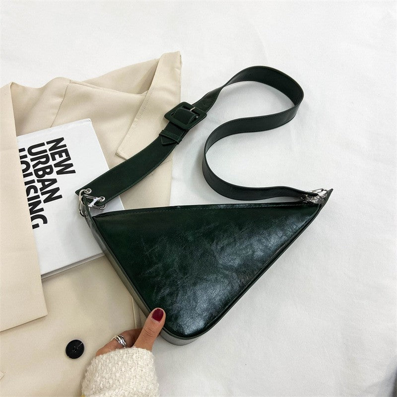 Slouchy Triangle Crossbody Bag with Wide Strap - Dark Green