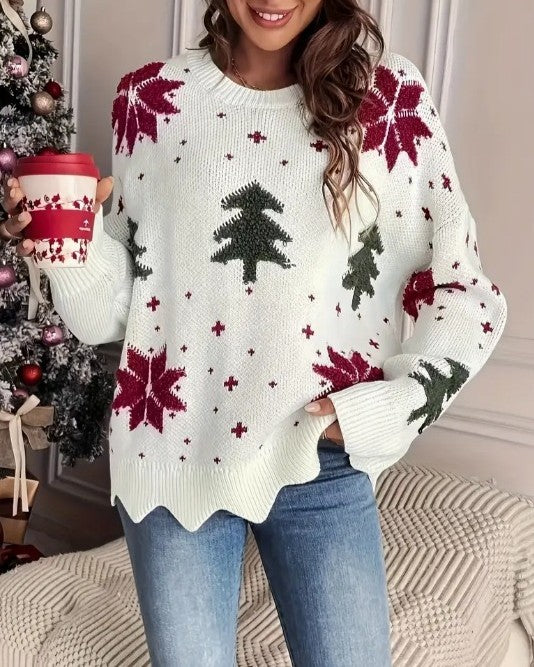 Snowflake And Tree Scalloped Hem Sweater - White