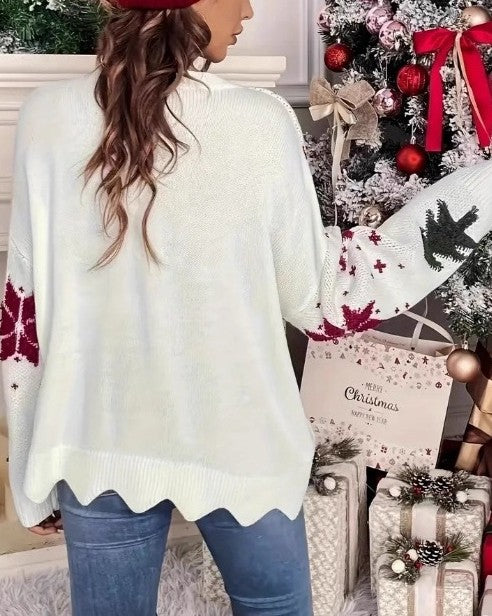 Snowflake And Tree Scalloped Hem Sweater - White - 2