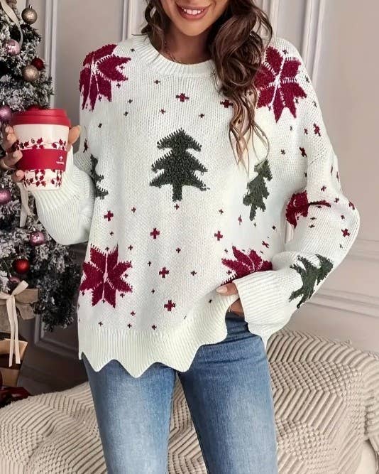 Snowflake And Tree Scalloped Hem Sweater