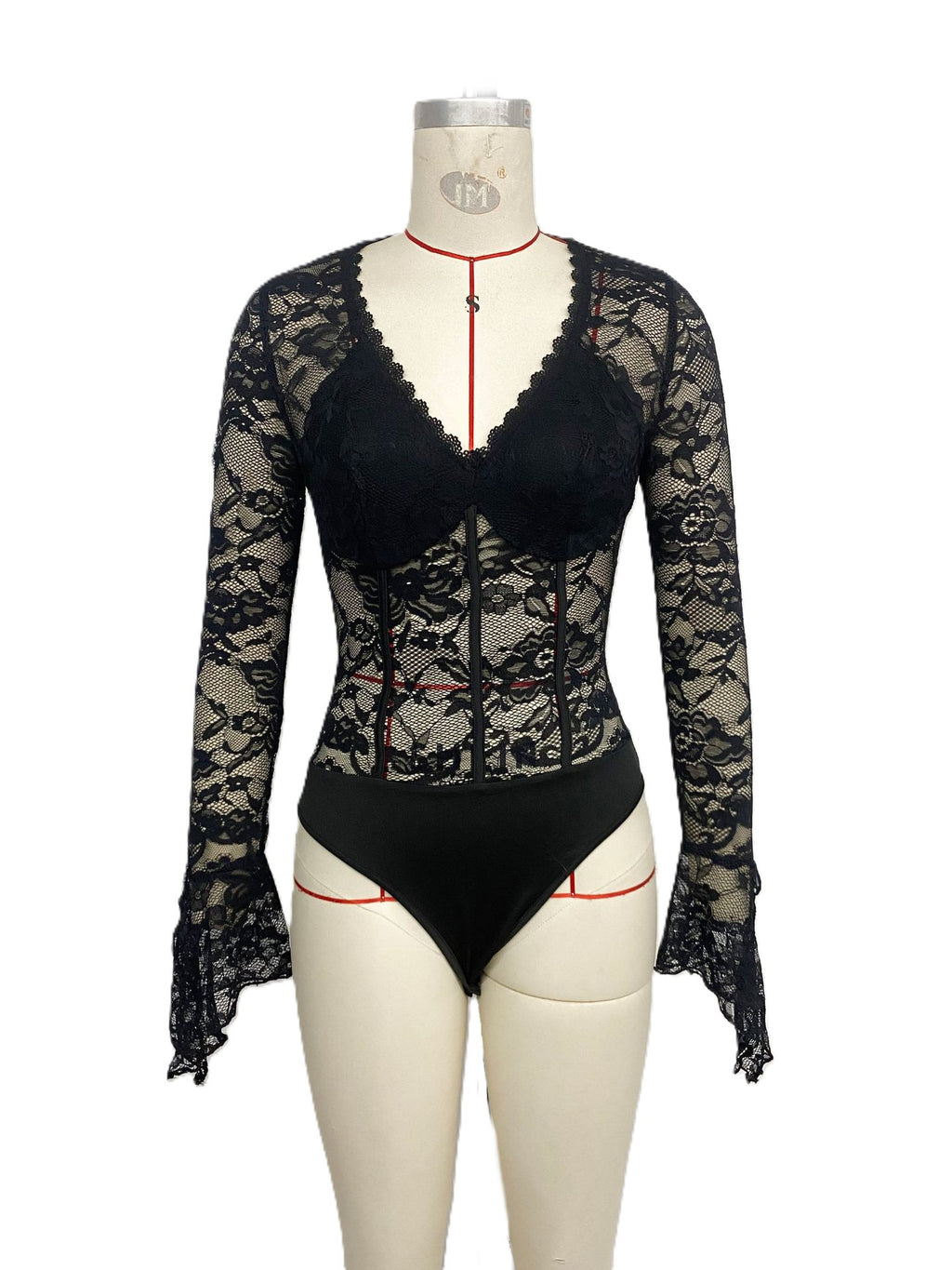 Sheer Floral Lace Flare Sleeve Bodysuit - Black