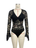 Sheer Floral Lace Flare Sleeve Bodysuit - Black