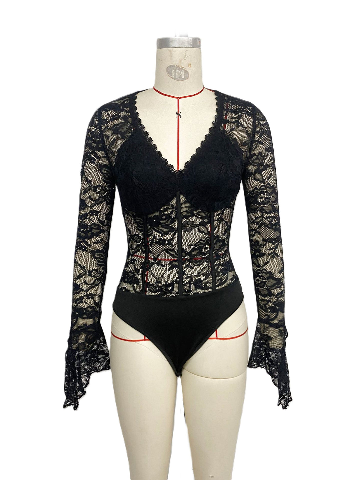 Sheer Floral Lace Flare Sleeve Bodysuit - Black
