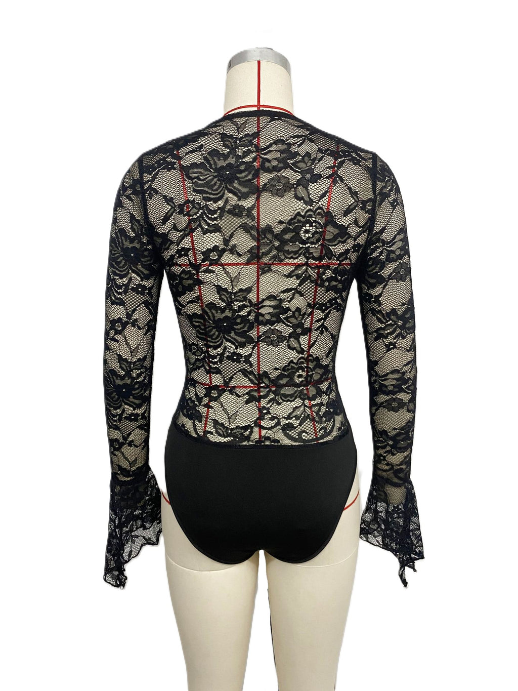 Sheer Floral Lace Flare Sleeve Bodysuit - Black - 2