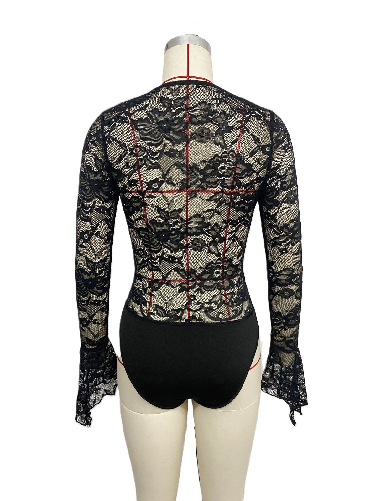 Sheer Floral Lace Flare Sleeve Bodysuit - Black - 2