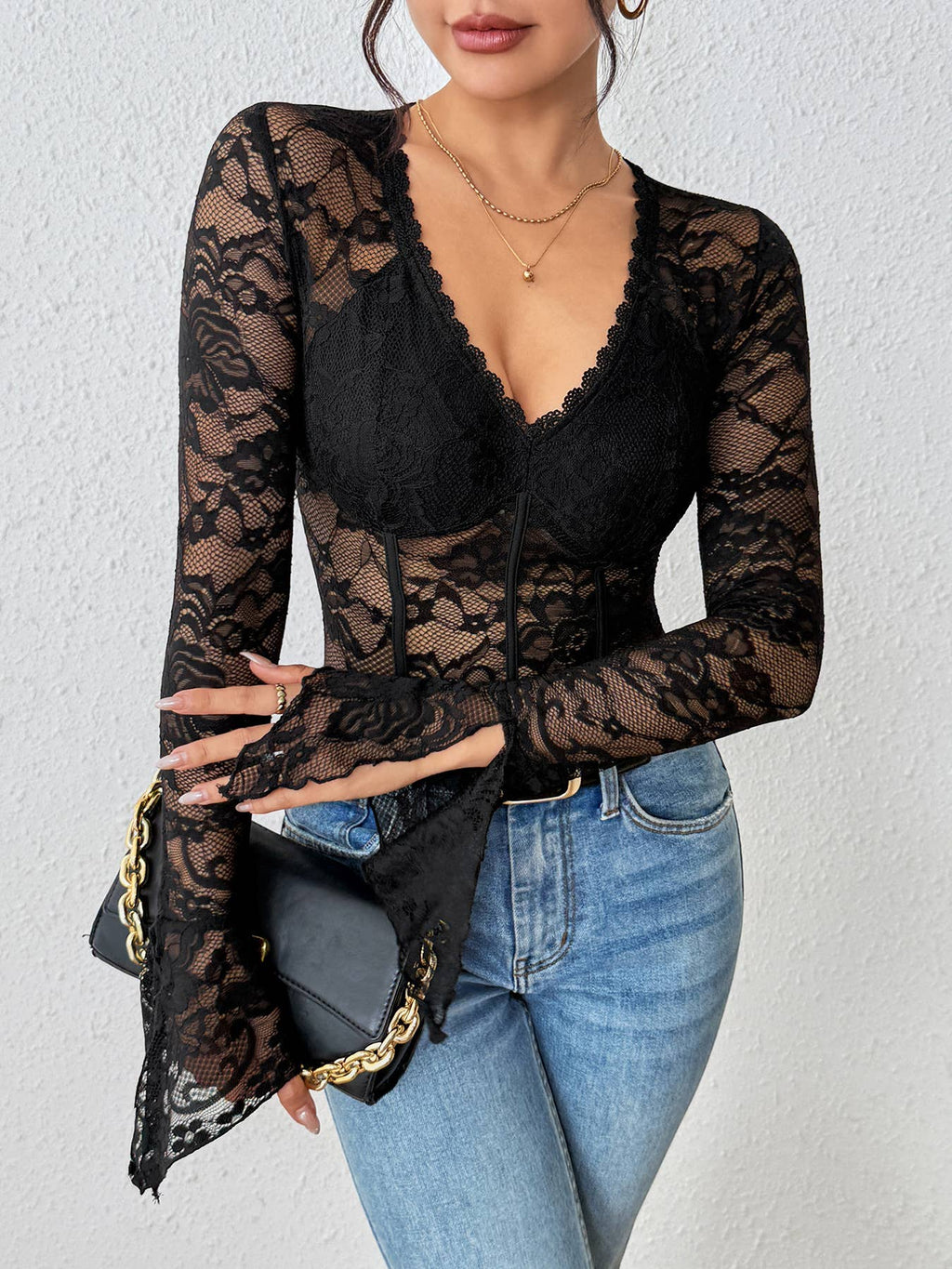 Sheer Floral Lace Flare Sleeve Bodysuit