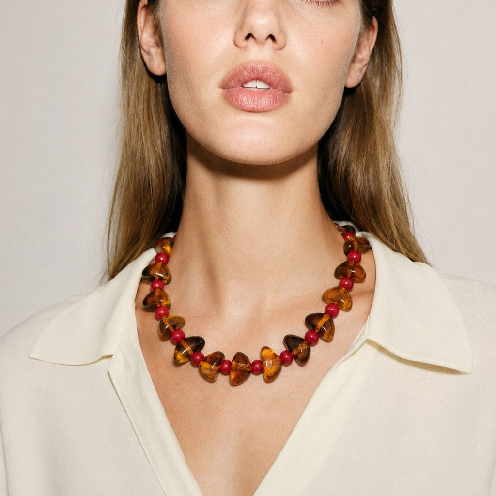 Chunky Heart Bead Collar Necklace With Accent Beads - Amber