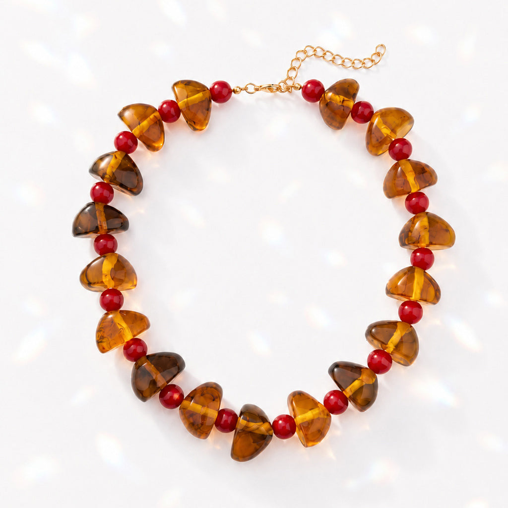 Chunky Heart Bead Collar Necklace With Accent Beads - Amber - 1