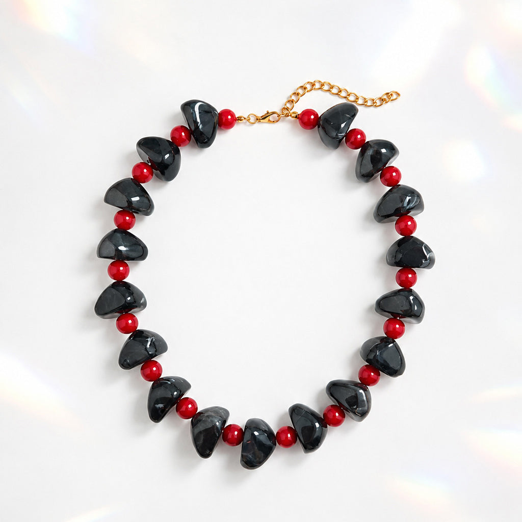 Chunky Heart Bead Collar Necklace With Accent Beads - Black