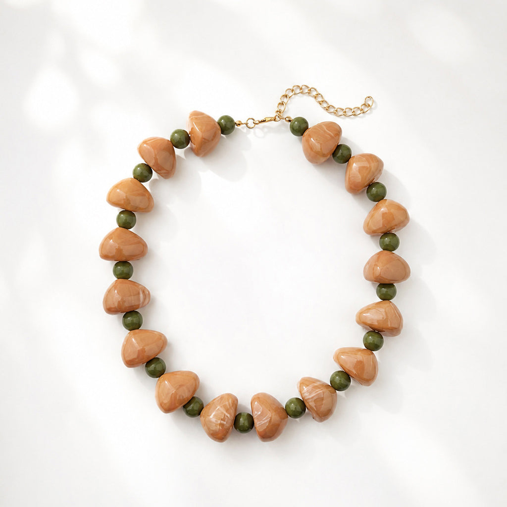 Chunky Heart Bead Collar Necklace With Accent Beads - Khaki