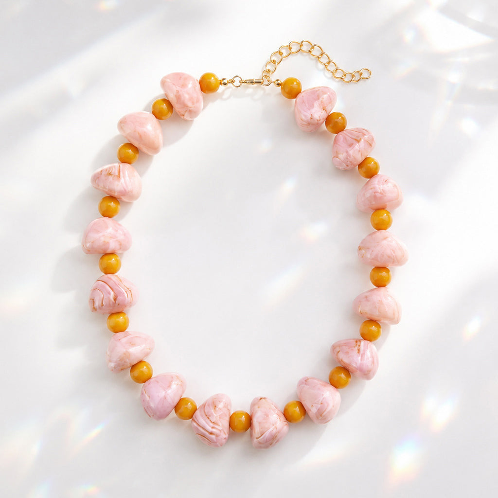 Chunky Heart Bead Collar Necklace With Accent Beads - Pink