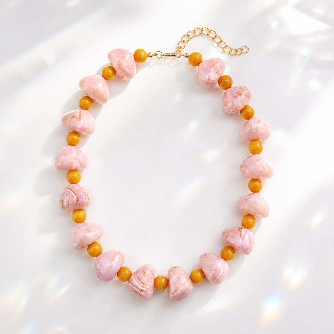 Chunky Heart Bead Collar Necklace With Accent Beads - Pink