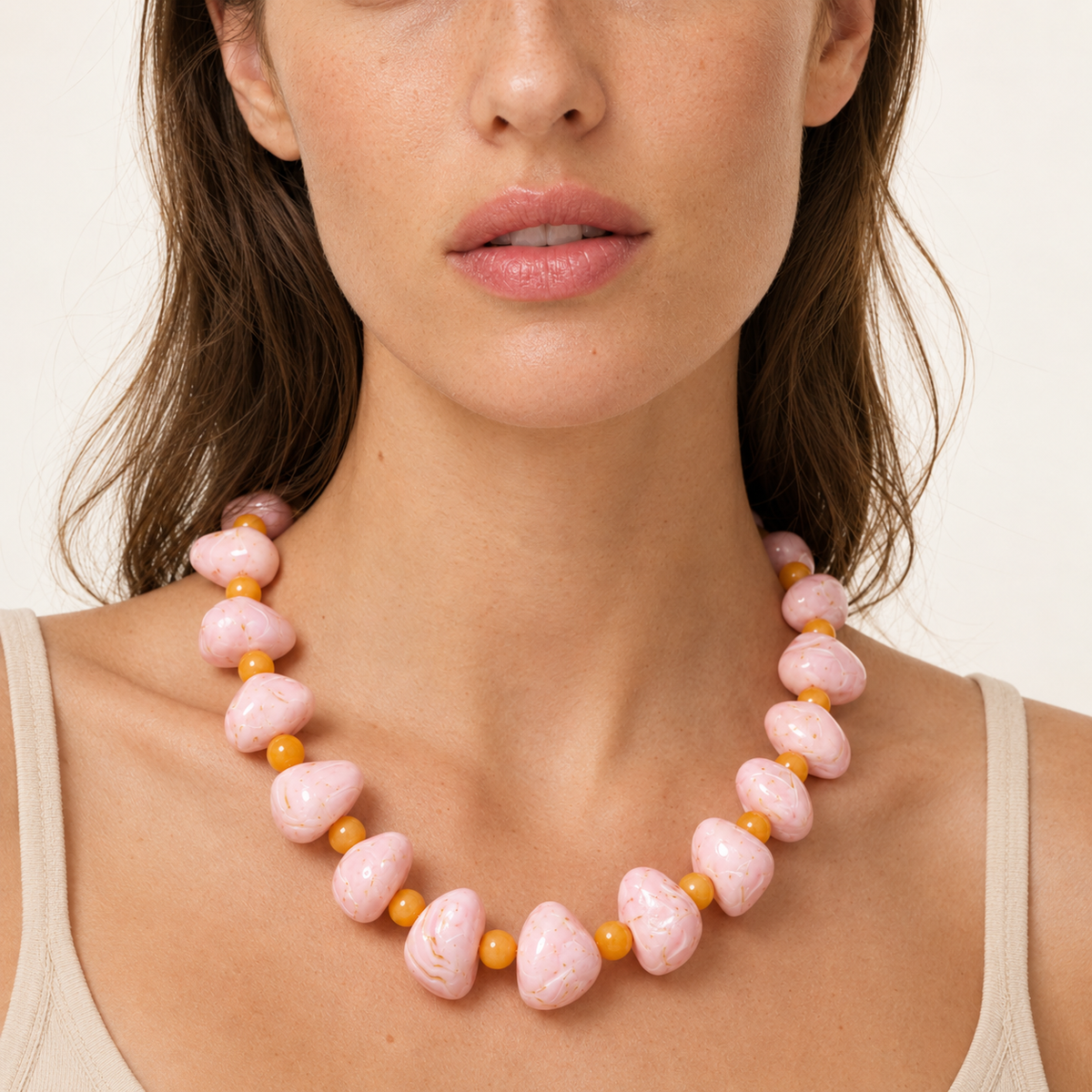 Chunky Heart Bead Collar Necklace With Accent Beads - Pink - 1