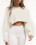 Cropped Balloon Sleeve Sweatshirt Raw Hem - Apricot