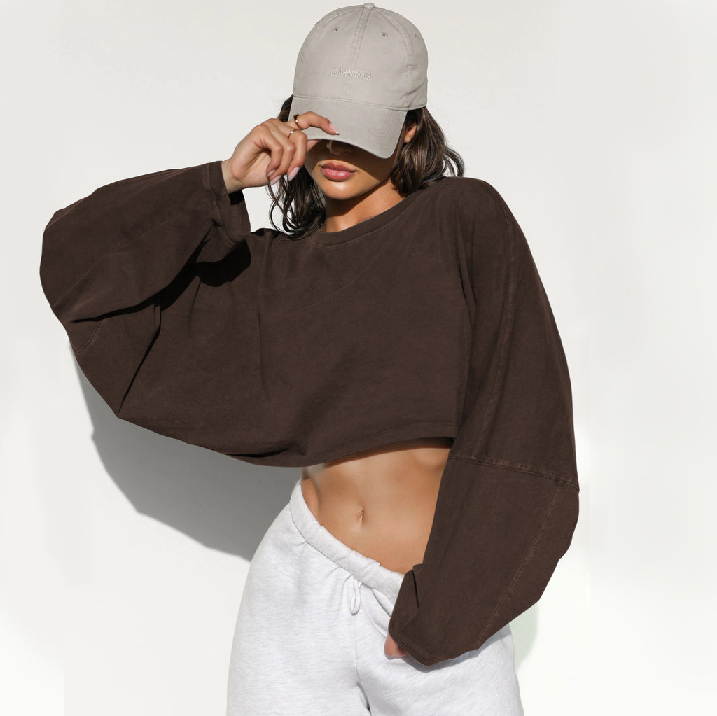 Cropped Balloon Sleeve Sweatshirt Raw Hem - Brown