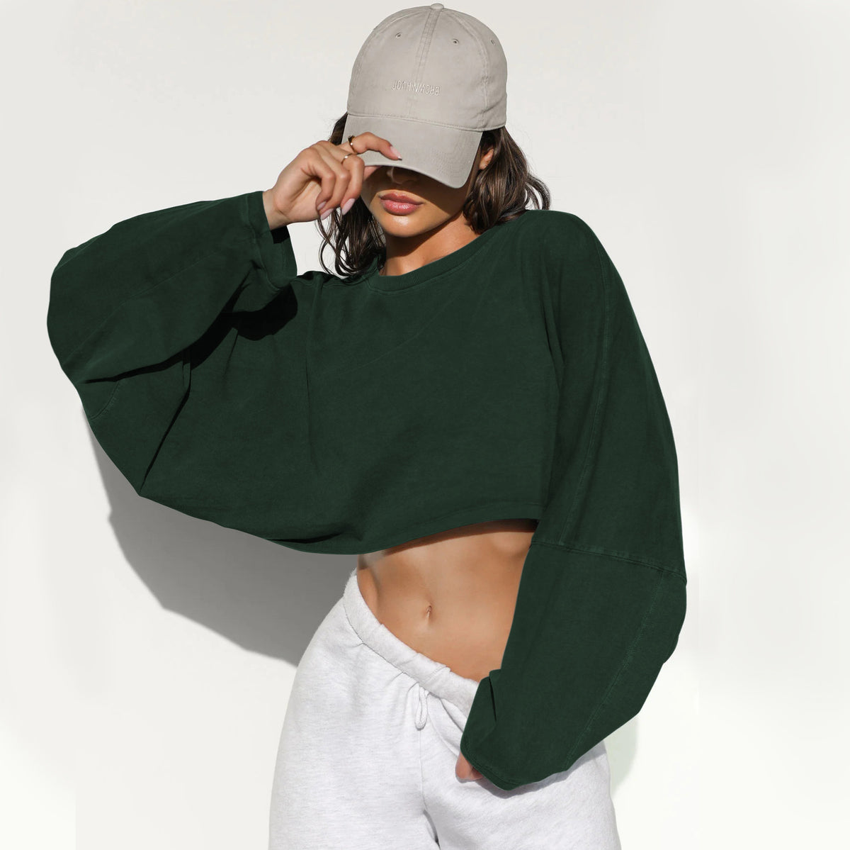 Cropped Balloon Sleeve Sweatshirt Raw Hem - DarkGreen