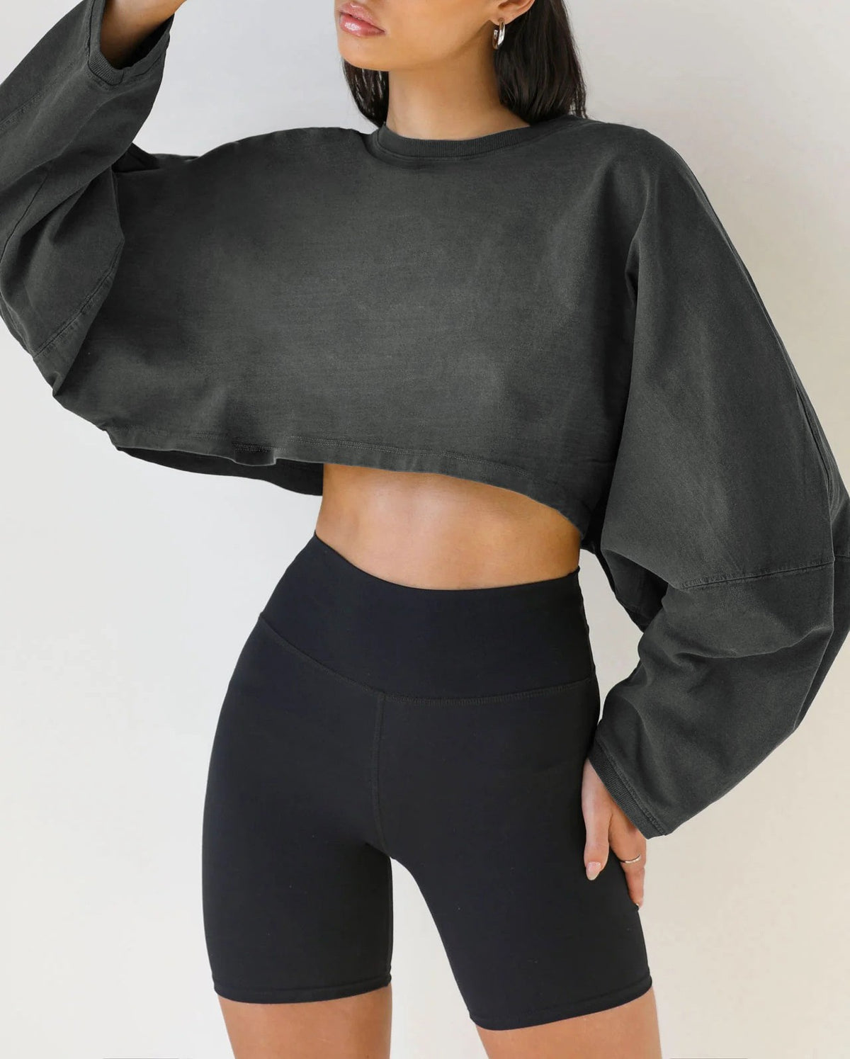Cropped Balloon Sleeve Sweatshirt Raw Hem - DarkGrey
