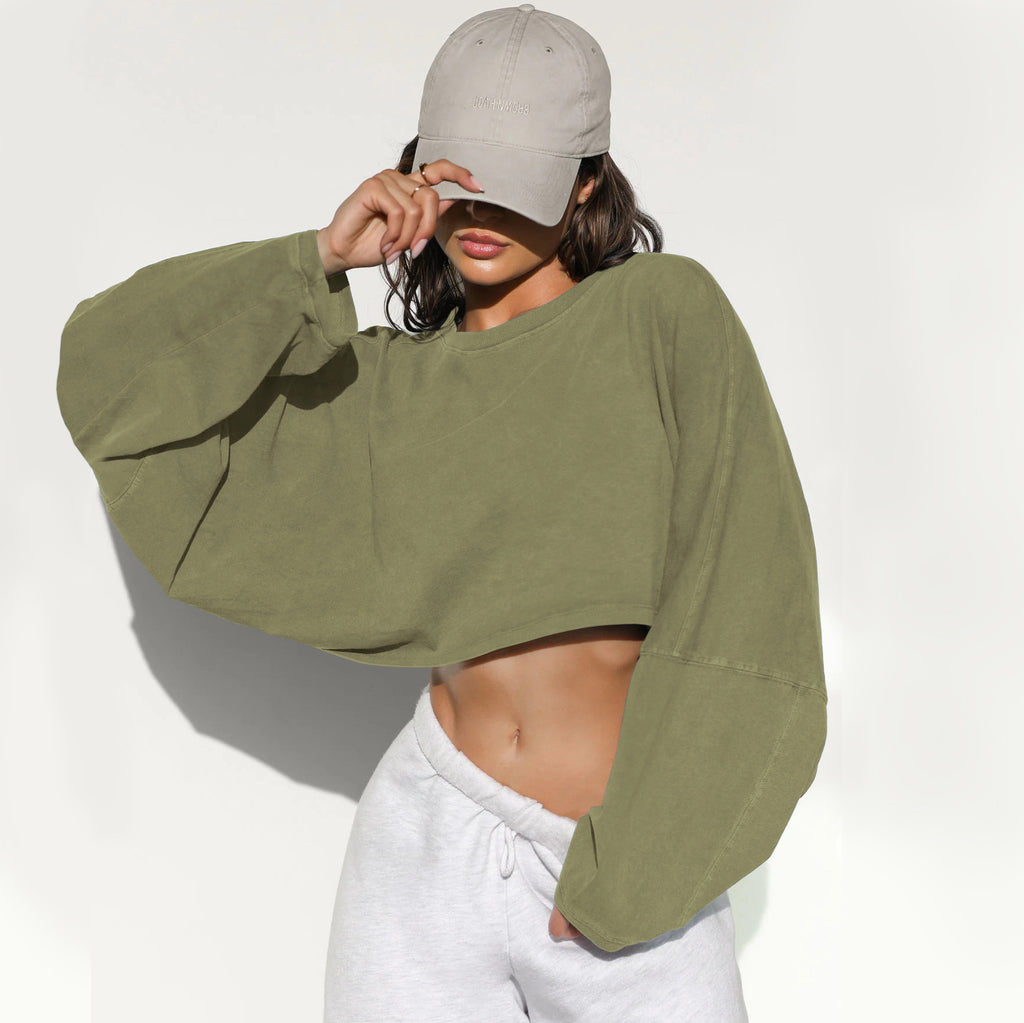 Cropped Balloon Sleeve Sweatshirt Raw Hem - Green