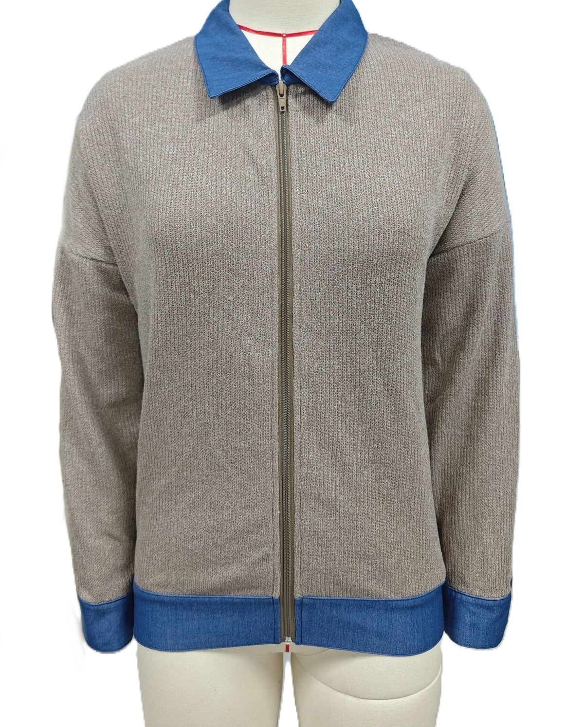 Zip Front Knit Jacket With Contrast Trim - Coffee