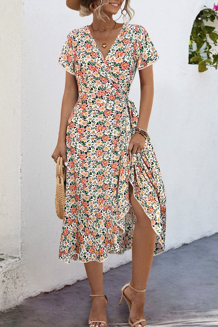 Ditsy Floral Flutter Sleeve Wrap Midi Dress - Orange