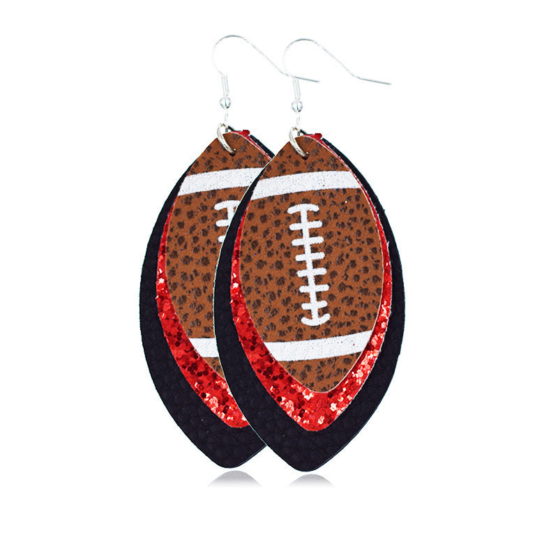 Layered Football Teardrop Leather Earrings - Black