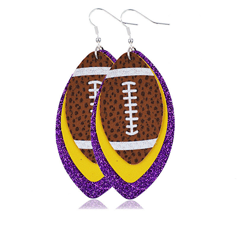 Layered Football Teardrop Leather Earrings - Purple