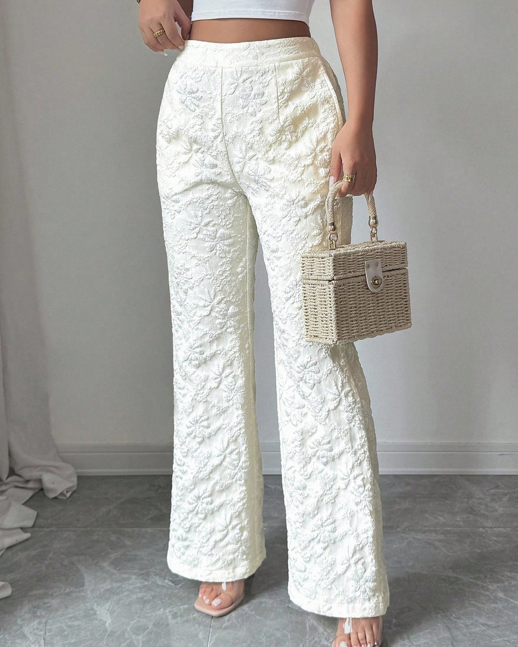 Floral Textured Jacquard High Waist Flare Pants - White
