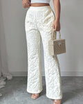 Floral Textured Jacquard High Waist Flare Pants - White