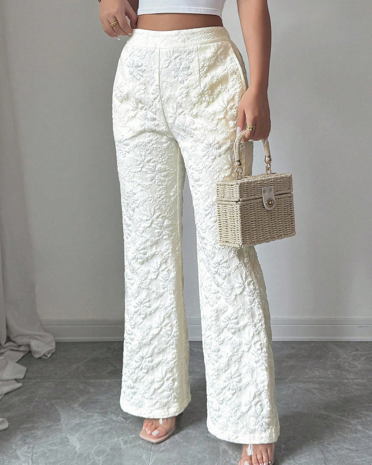 Floral Textured Jacquard High Waist Flare Pants - White