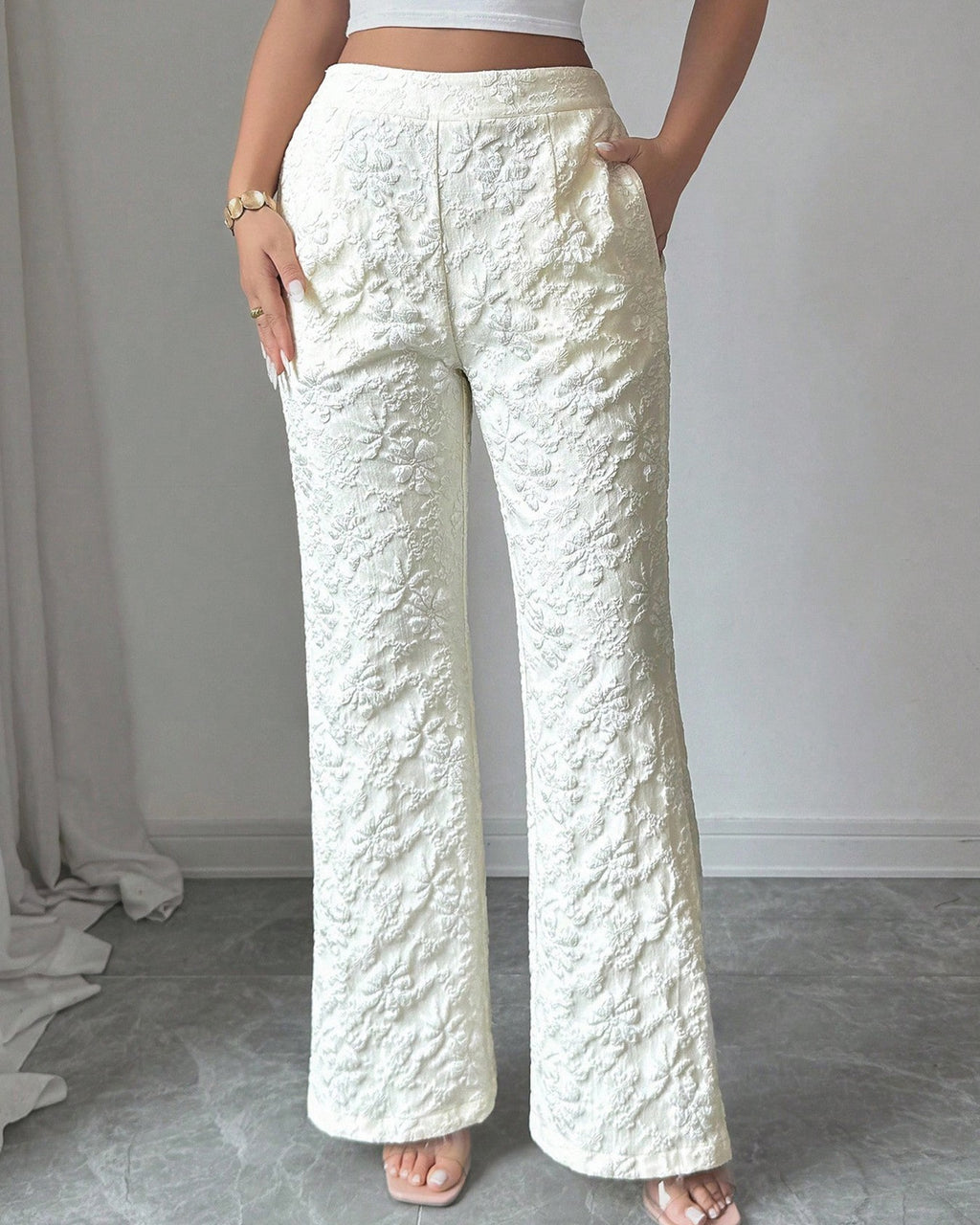 Floral Textured Jacquard High Waist Flare Pants - White - 1