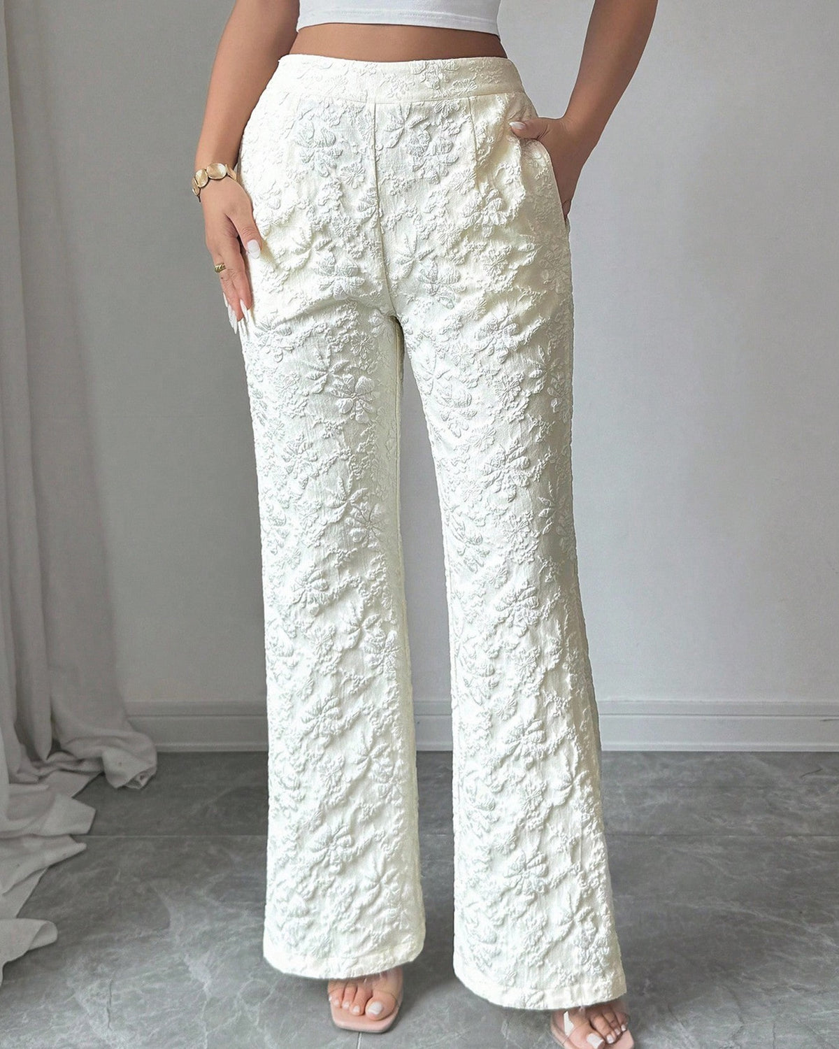 Floral Textured Jacquard High Waist Flare Pants - White - 1