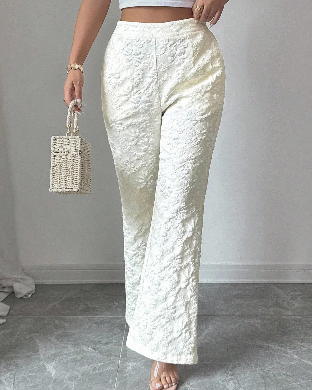 Floral Textured Jacquard High Waist Flare Pants - White - 2
