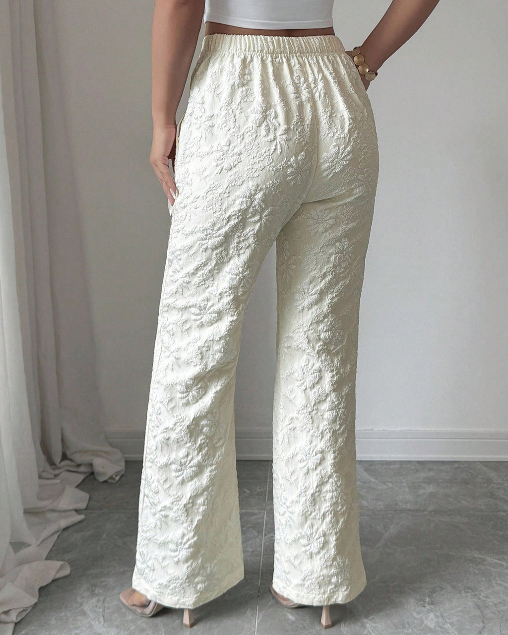 Floral Textured Jacquard High Waist Flare Pants - White - 3