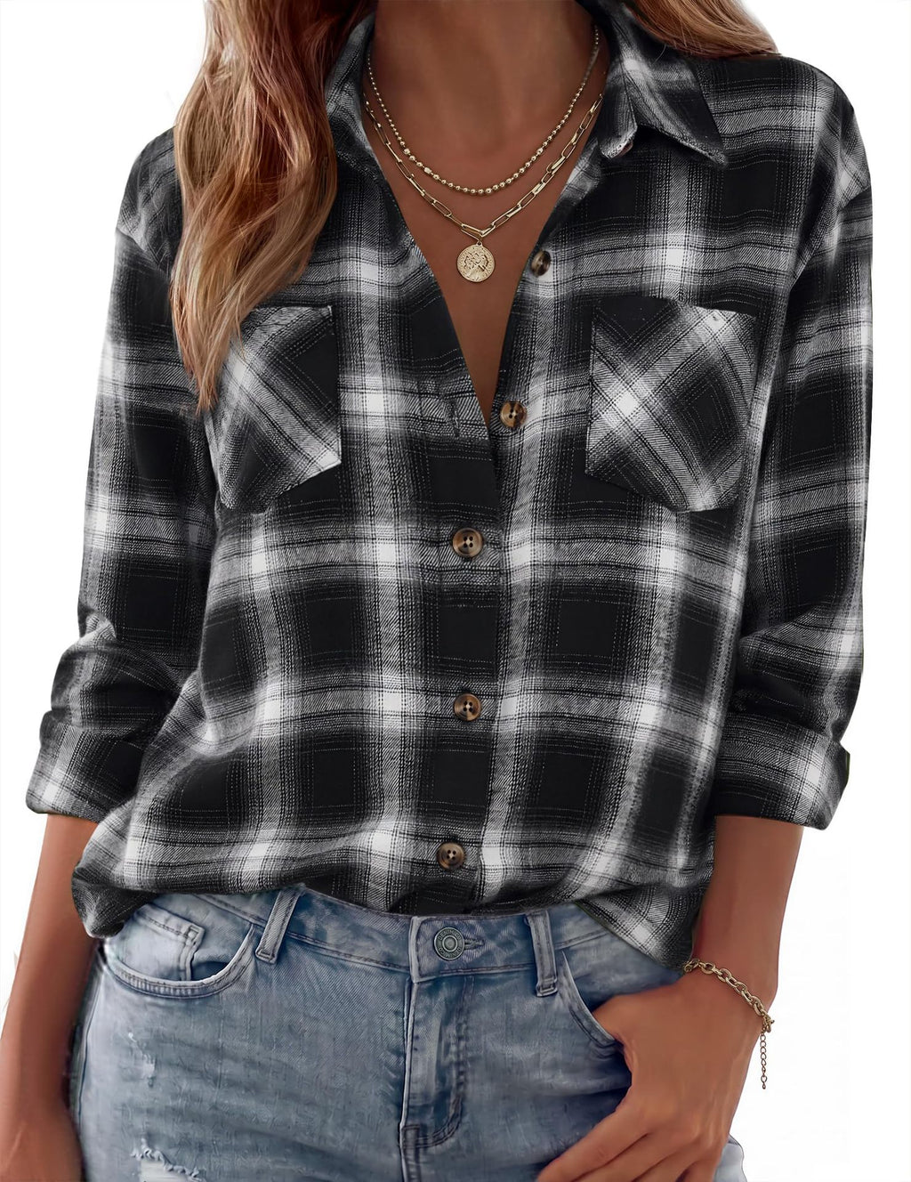 Collared Check Flannel Button Up Shirt - Black