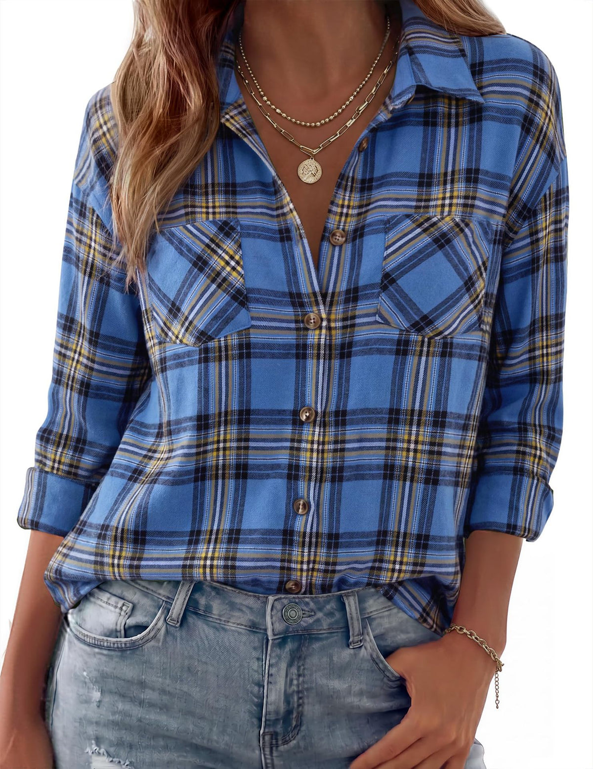 Collared Check Flannel Button Up Shirt - Blue