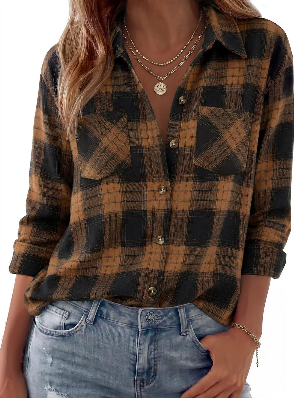 Collared Check Flannel Button Up Shirt - Brown