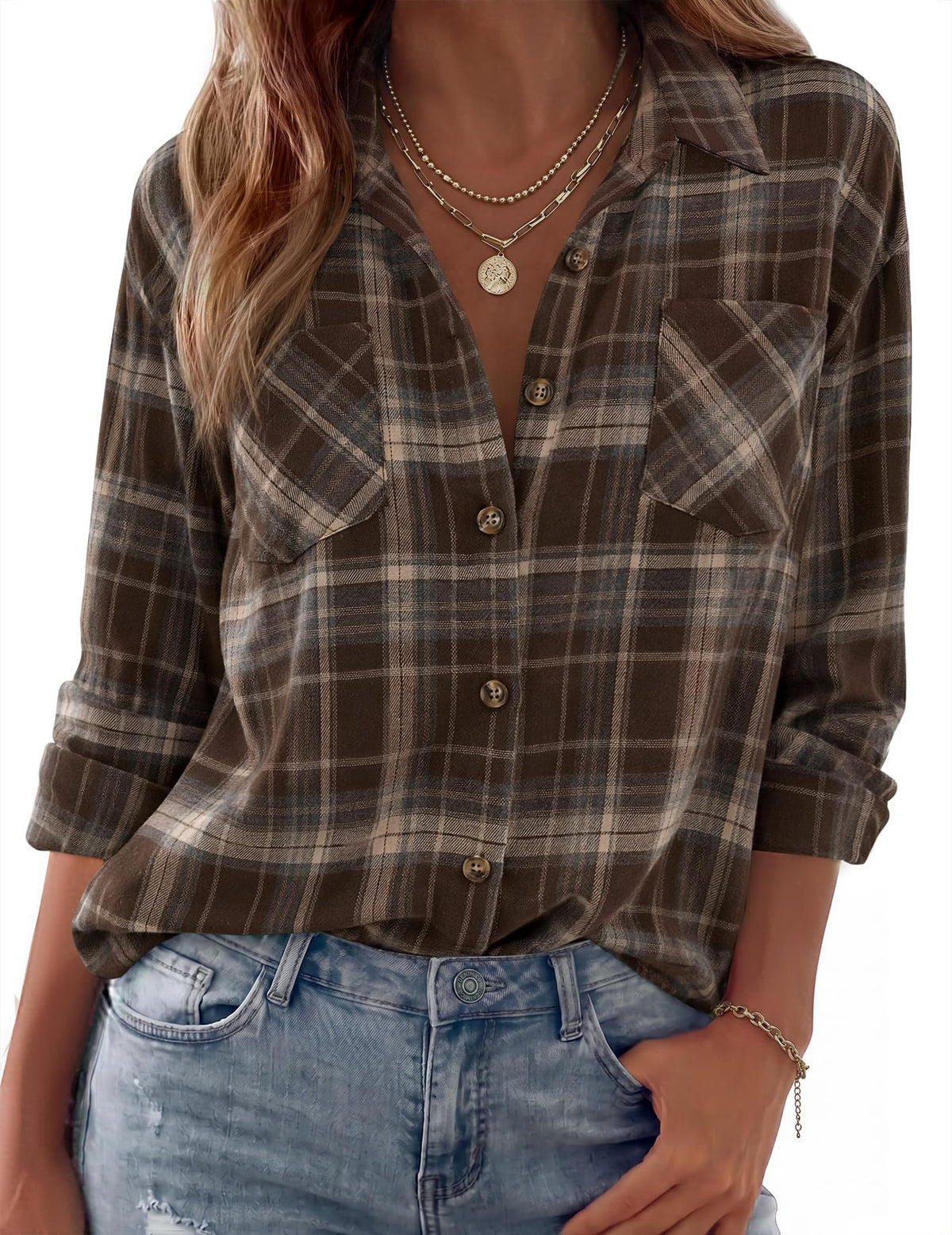 Collared Check Flannel Button Up Shirt - Coffee